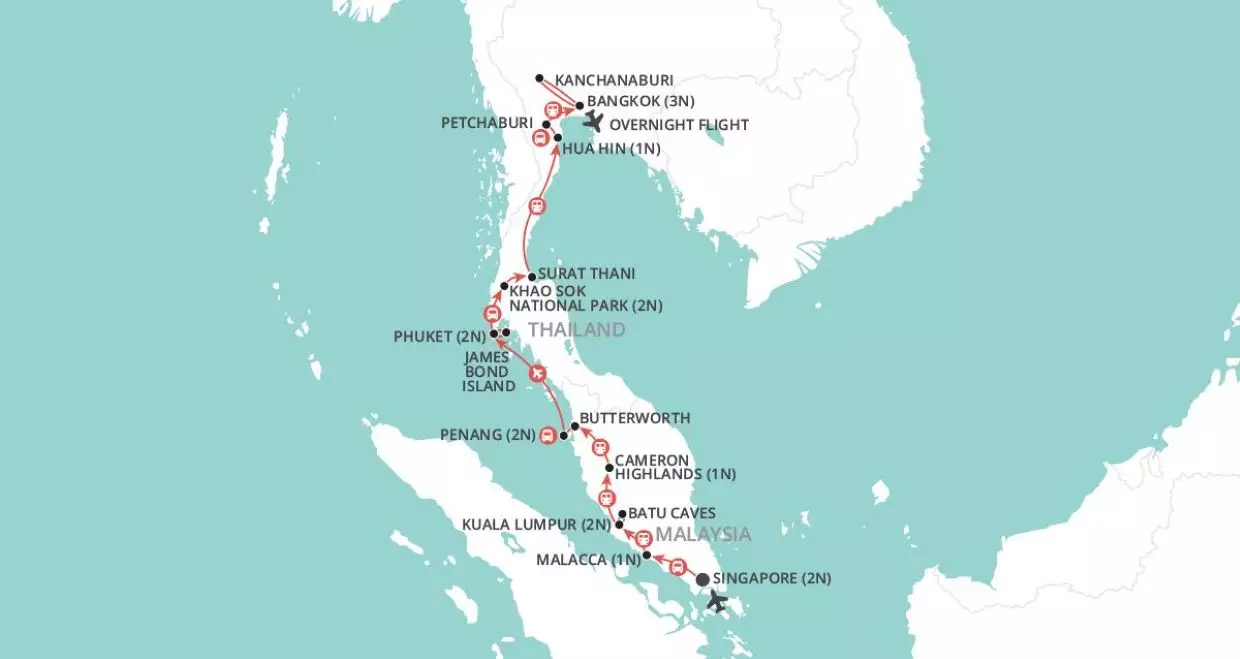 Singapore to Bangkok by Rail map