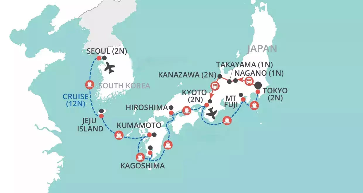 Japan & South Korea by Land & Sea map
