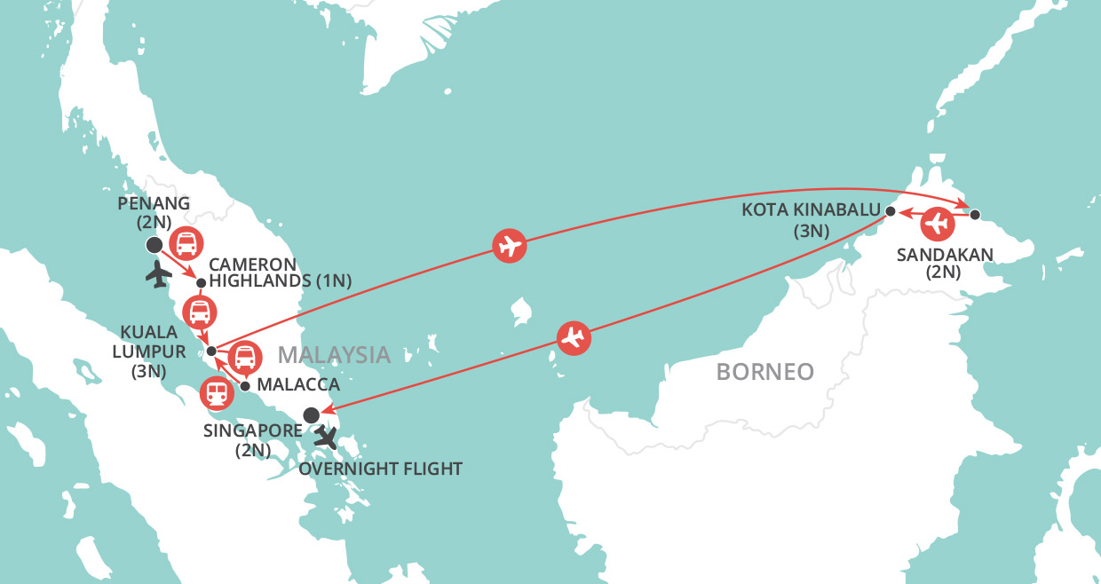 Treasures of Malaysia, Borneo & Singapore map