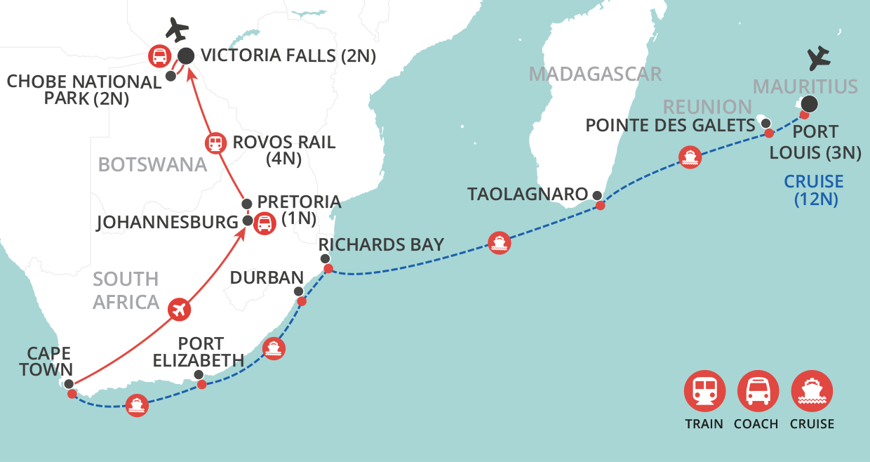 Ultimate Africa: Ocean, Rail & Safari map